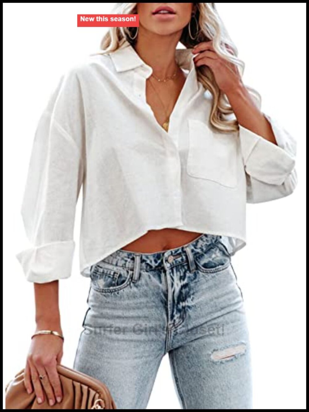 Womens Button Down Cropped Shirt 100% Cotton Long Sleeve Collared Blouse
